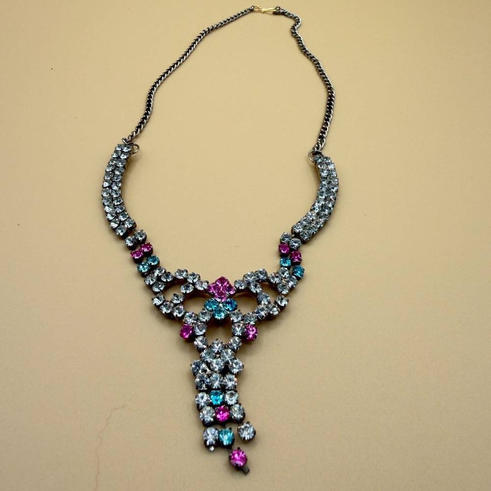 Vintage Rhinestone Bib Necklace Pink Blue Clear Crystal Statement Bridal Y2K